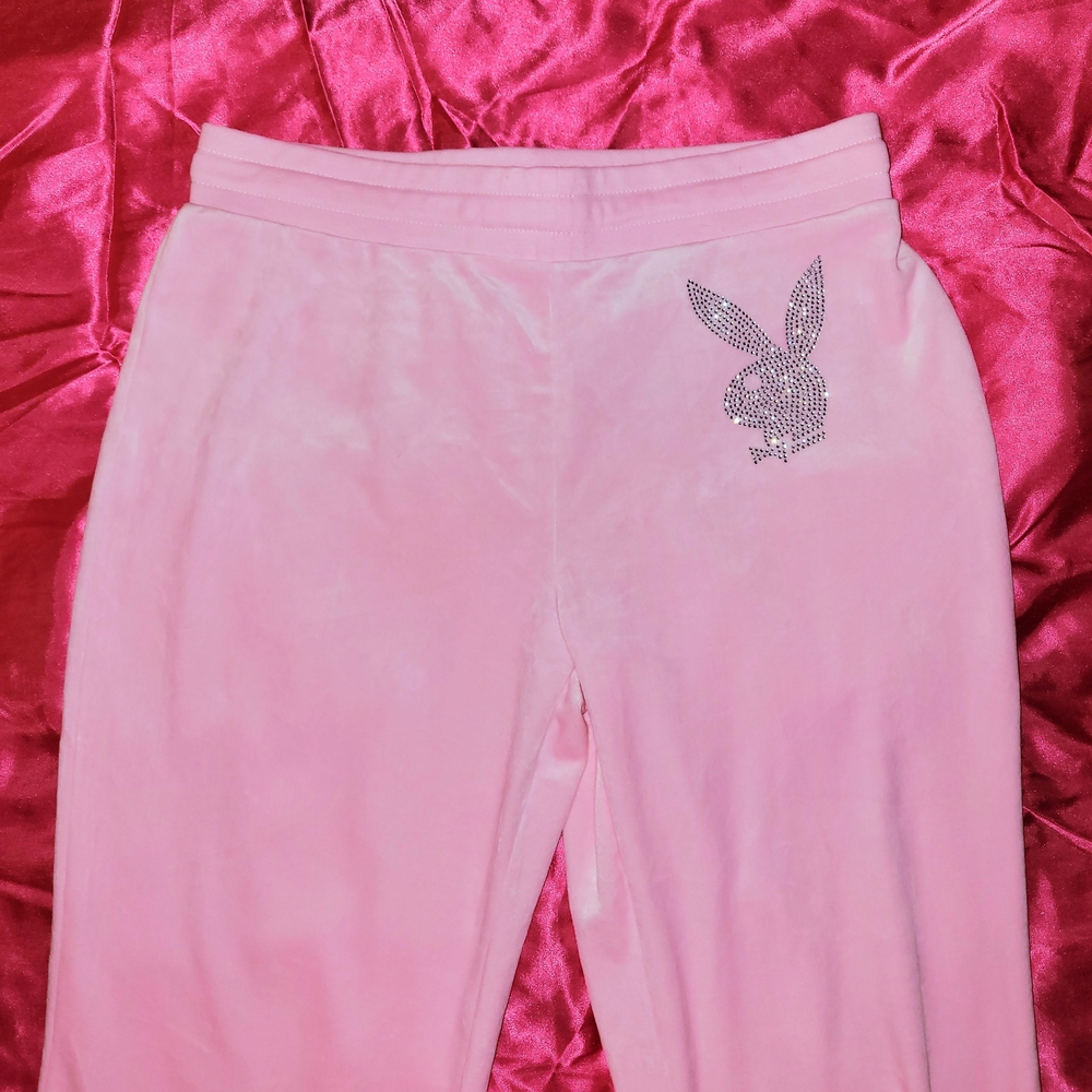 PLAYBOY rhinestoned pink velour pants